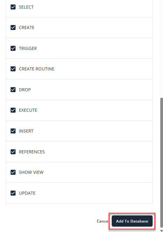 Manage MySQL Database User - Add to Database button