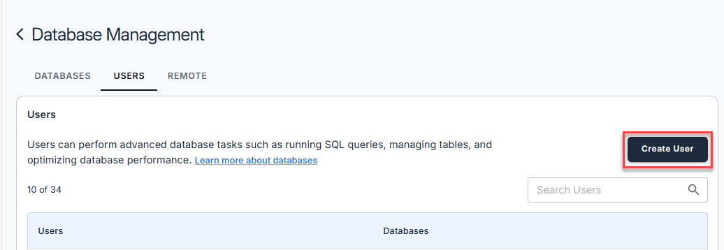 Manage MySQL Database User - Create User button