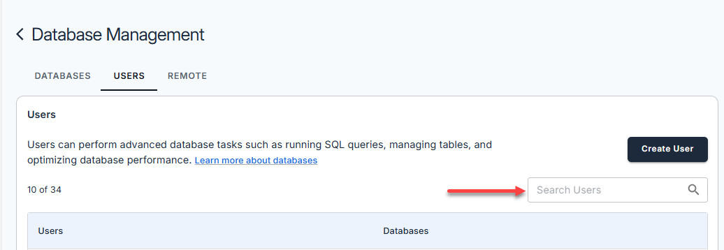 Manage MySQL Database User - Search for a user