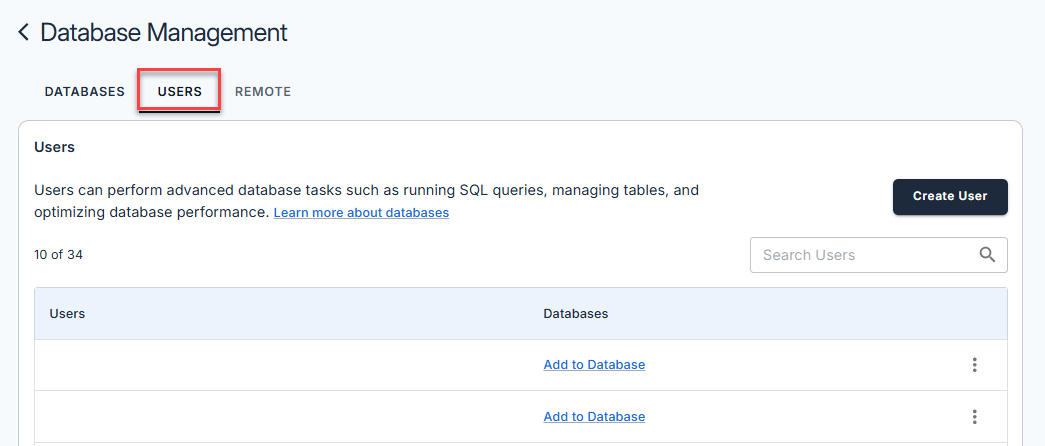 Manage MySQL Database - Users tab