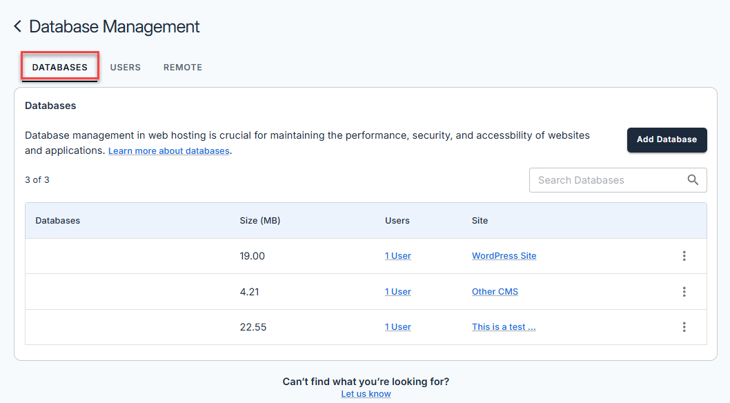 Manage MySQL Database - Databases tab