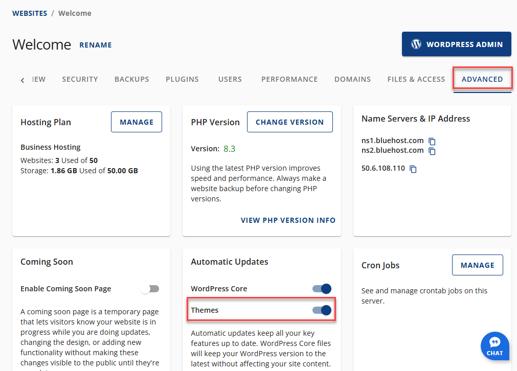 Bluehost Account Manager - Websites - Advanced - Automatic Updates