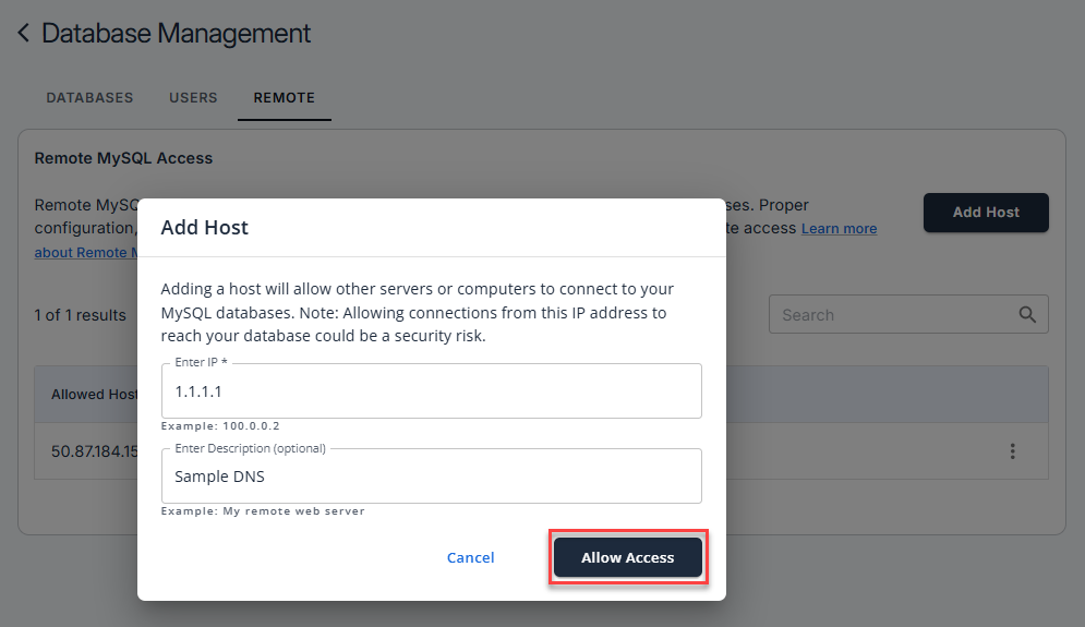 Databases - Remote - Add Host - Allow Access