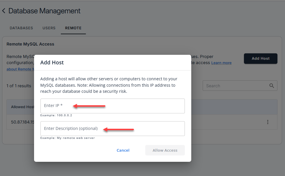 Databases - Remote - Add Host
