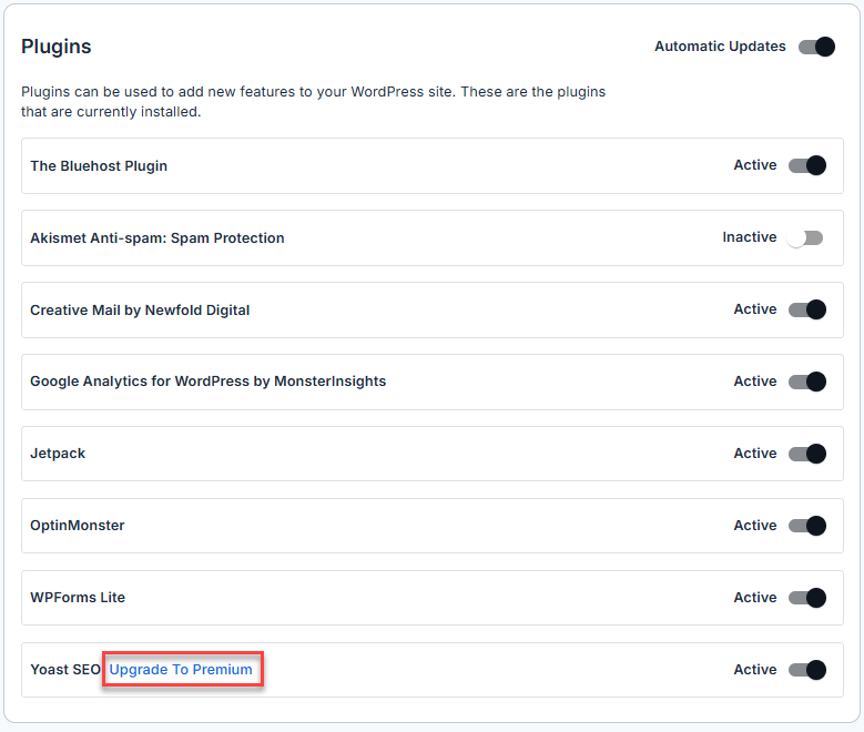 Bluehost Account Manager - Upgrade Yoast