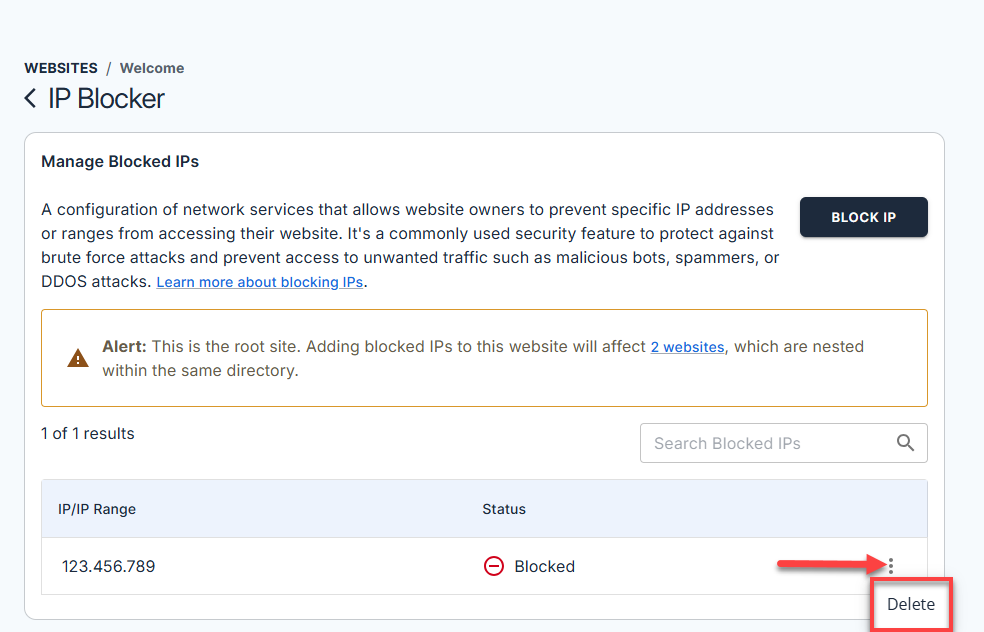 Bluehost Account Manager - Websites Security Tab - Manager IP Blocker - Removed Blocked IP