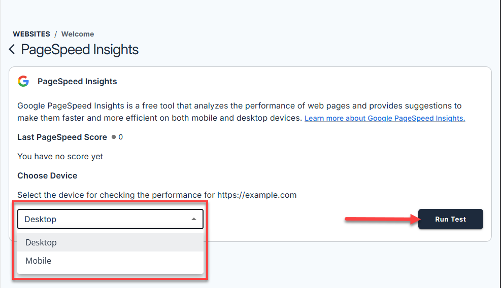 GooglePageSpeed Insights - Select device and Run Test button