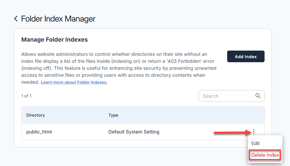 Manage indexes - Folder Index Manager - Delete Index