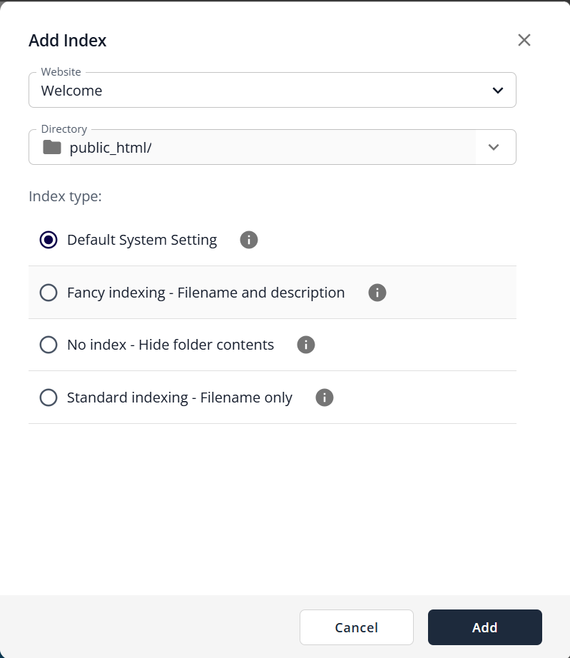 Manage your indexes - Folder Index Manager - Select the website, directory, and index type
