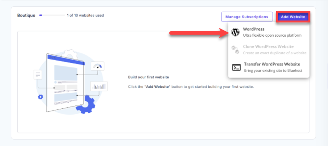 Bluehost Agency Hosting - Websites tab Add Site WordPress