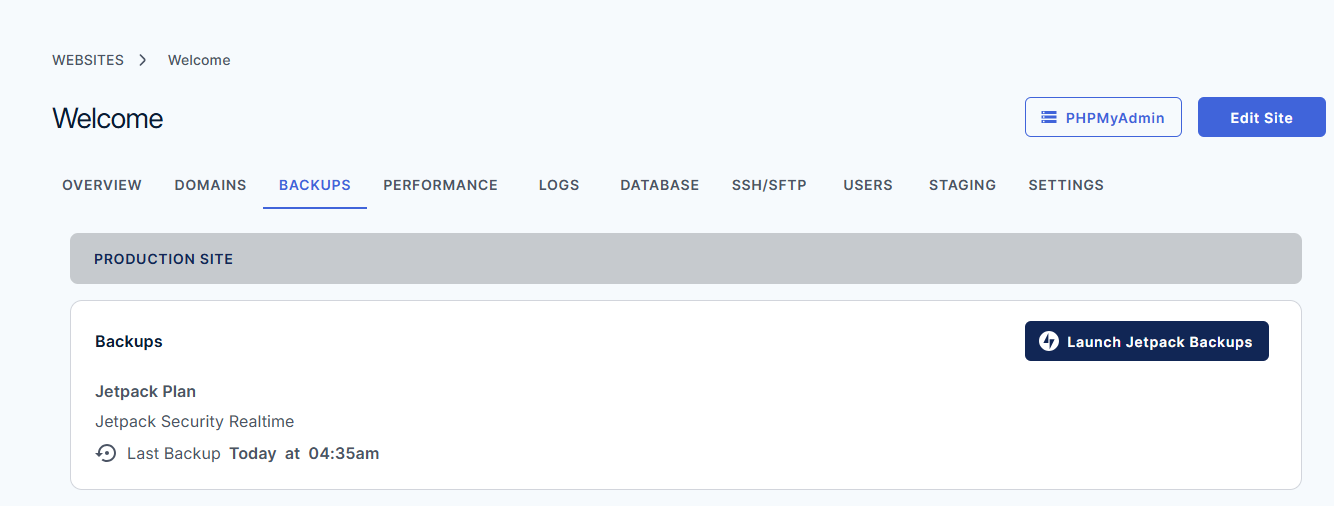 Bluehost Agency Hosting - Websites tab Backups