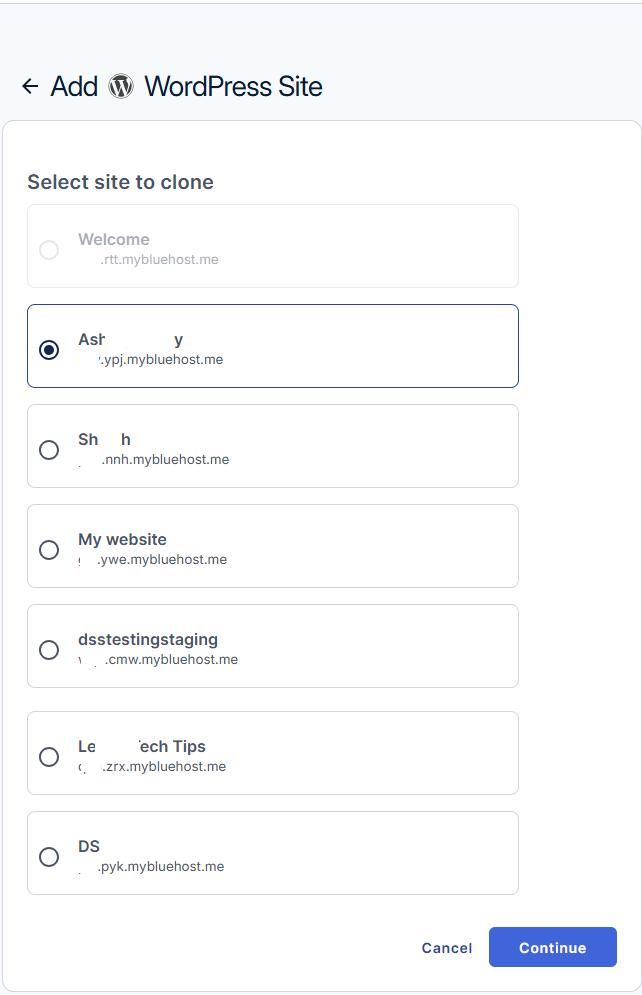 Bluehost Agency Hosting - Websites tab Clone WordPress Website Select Site