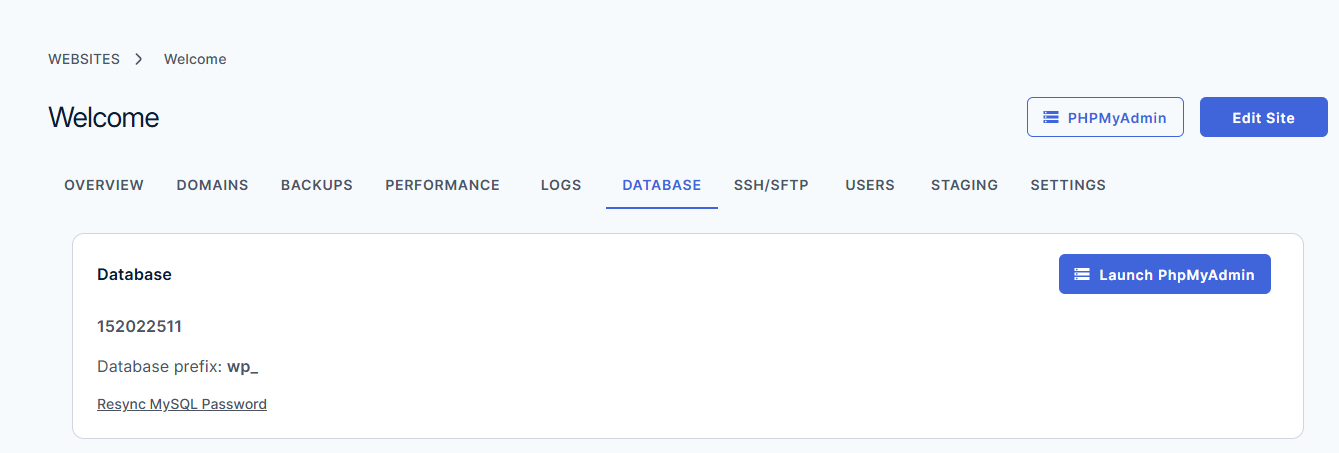 Bluehost Agency Hosting - Websites tab Database