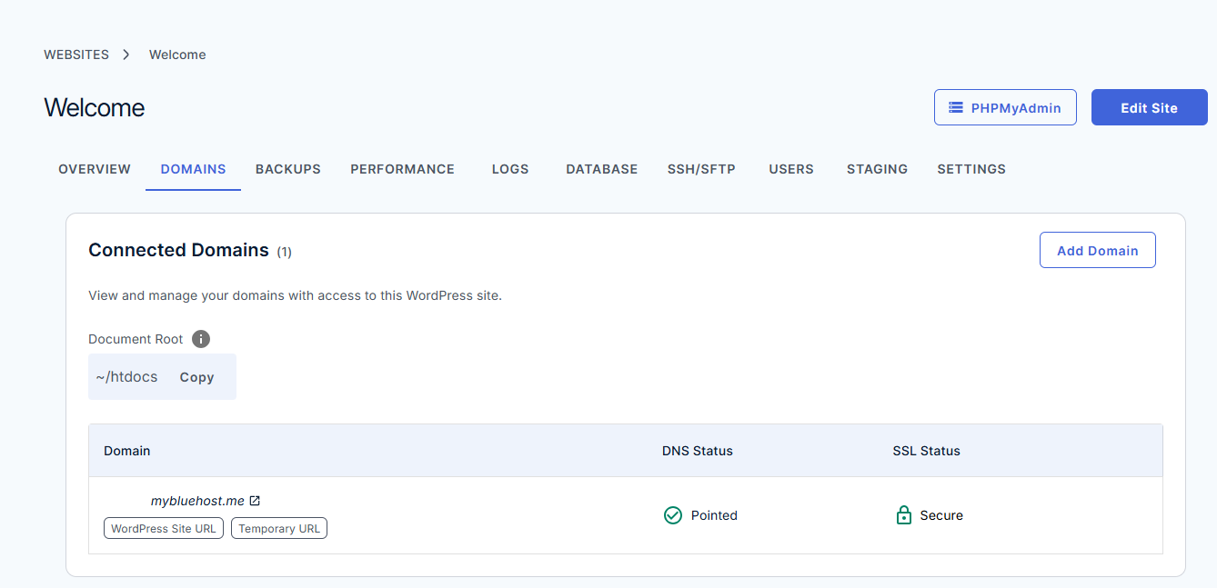 Bluehost Agency Hosting - Websites tab Domains