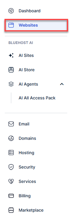 Bluehost Agency Hosting - Websites tab Manage Site