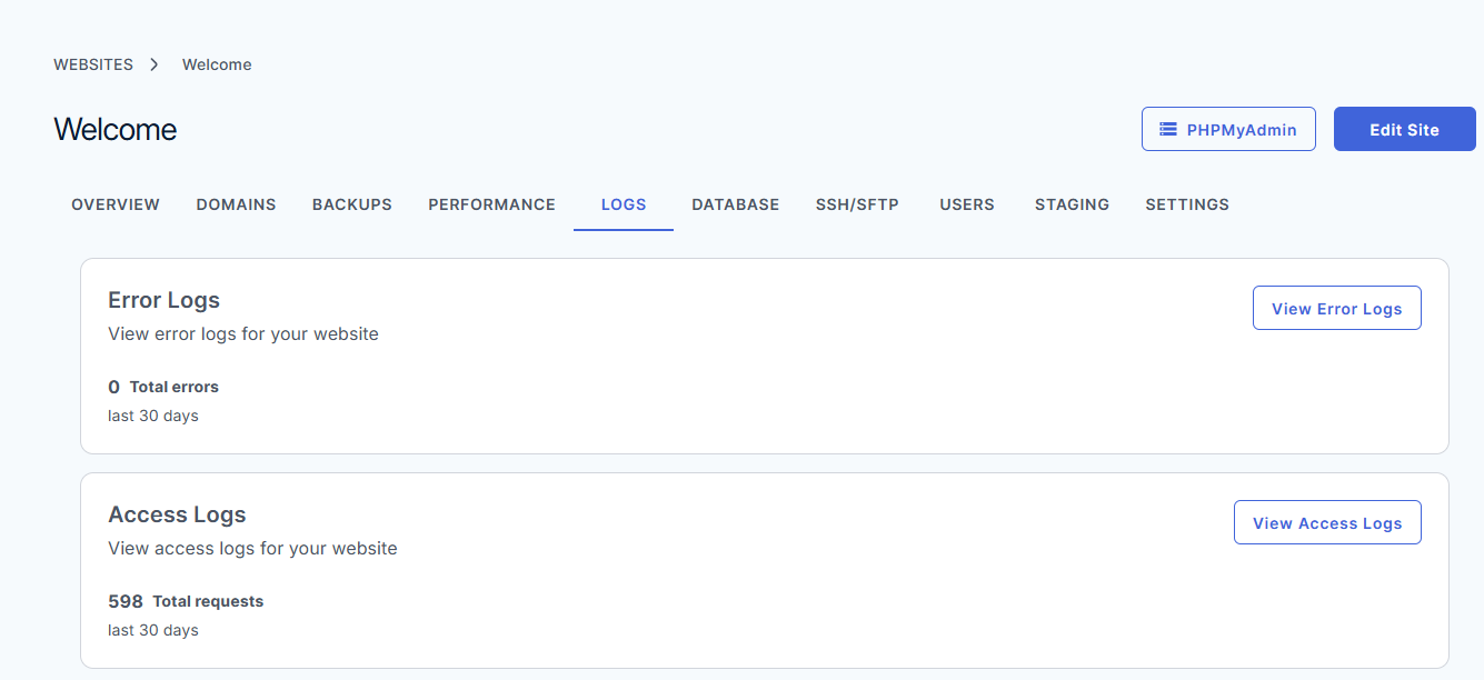 Bluehost Agency Hosting - Websites tab Logs