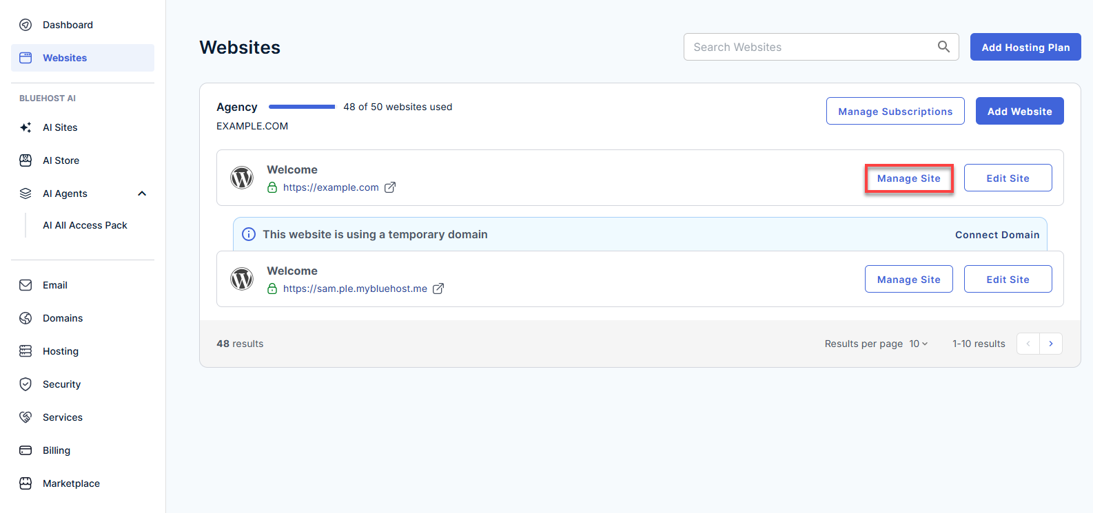 Bluehost Portal - Website Manage button