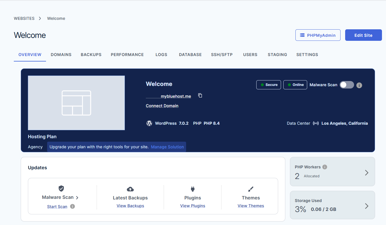 Bluehost Agency Hosting - Websites tab Overview