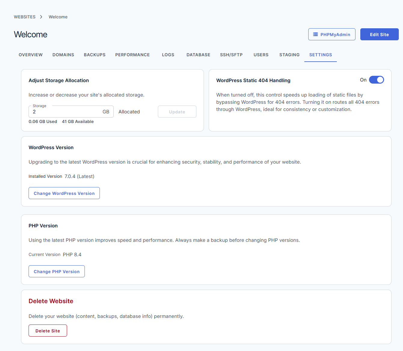 Bluehost Agency Hosting - Websites tab Settings