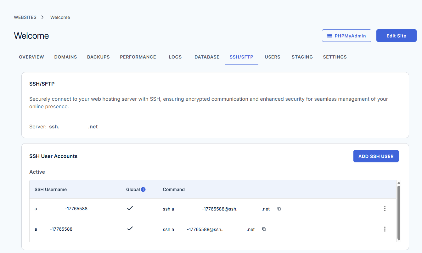 Bluehost Agency Hosting - Websites tab SSH/SFTP