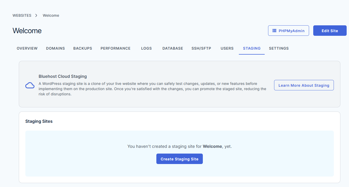 Bluehost Agency Hosting - Websites tab Staging