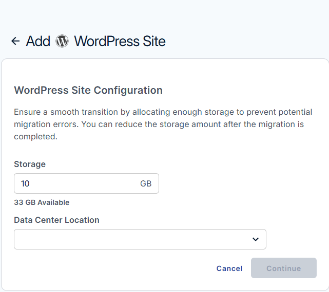 Bluehost Agency Hosting - Websites tab Add Site Transfer WordPress Website - Configure the WordPress Site
