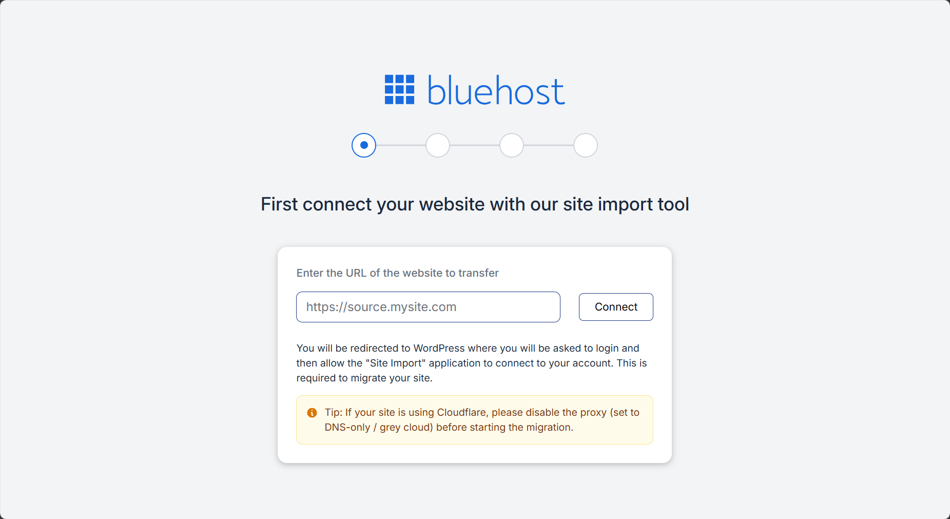 Bluehost Agency Hosting - Websites tab Add Site Transfer WordPress Website - Connect Your Existing Website