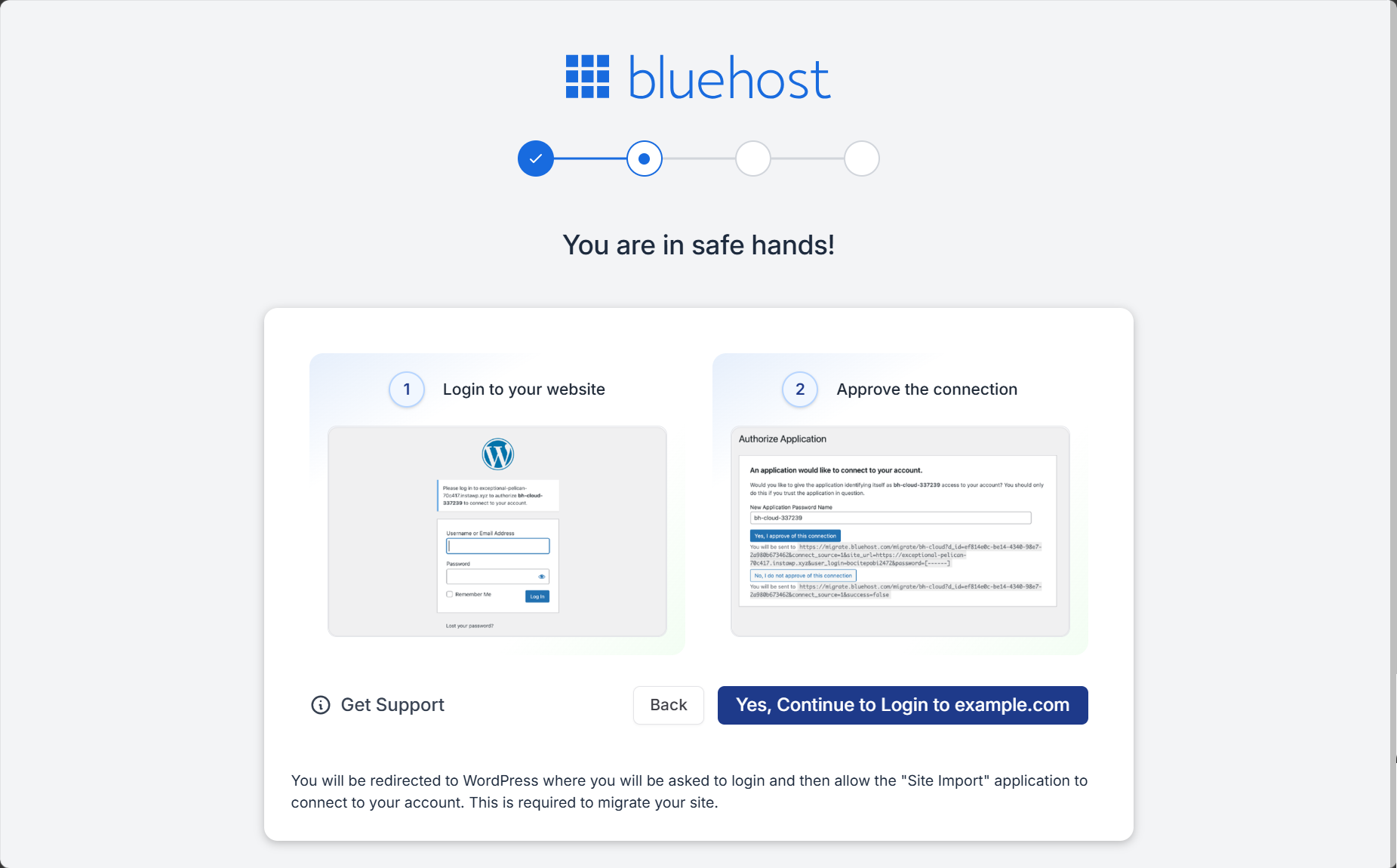 Bluehost Agency Hosting - Websites tab Add Site Transfer WordPress Website - Continue to WordPress Login