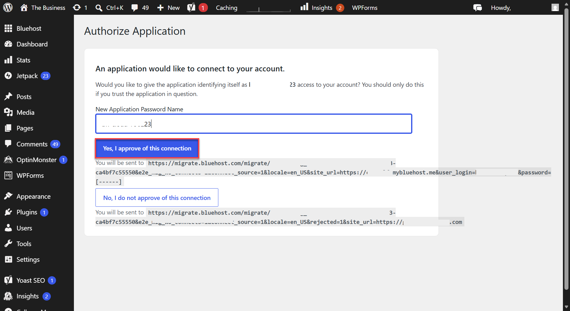 Bluehost Agency Hosting - Websites tab Add Site Transfer WordPress Website - Authorize the Connection