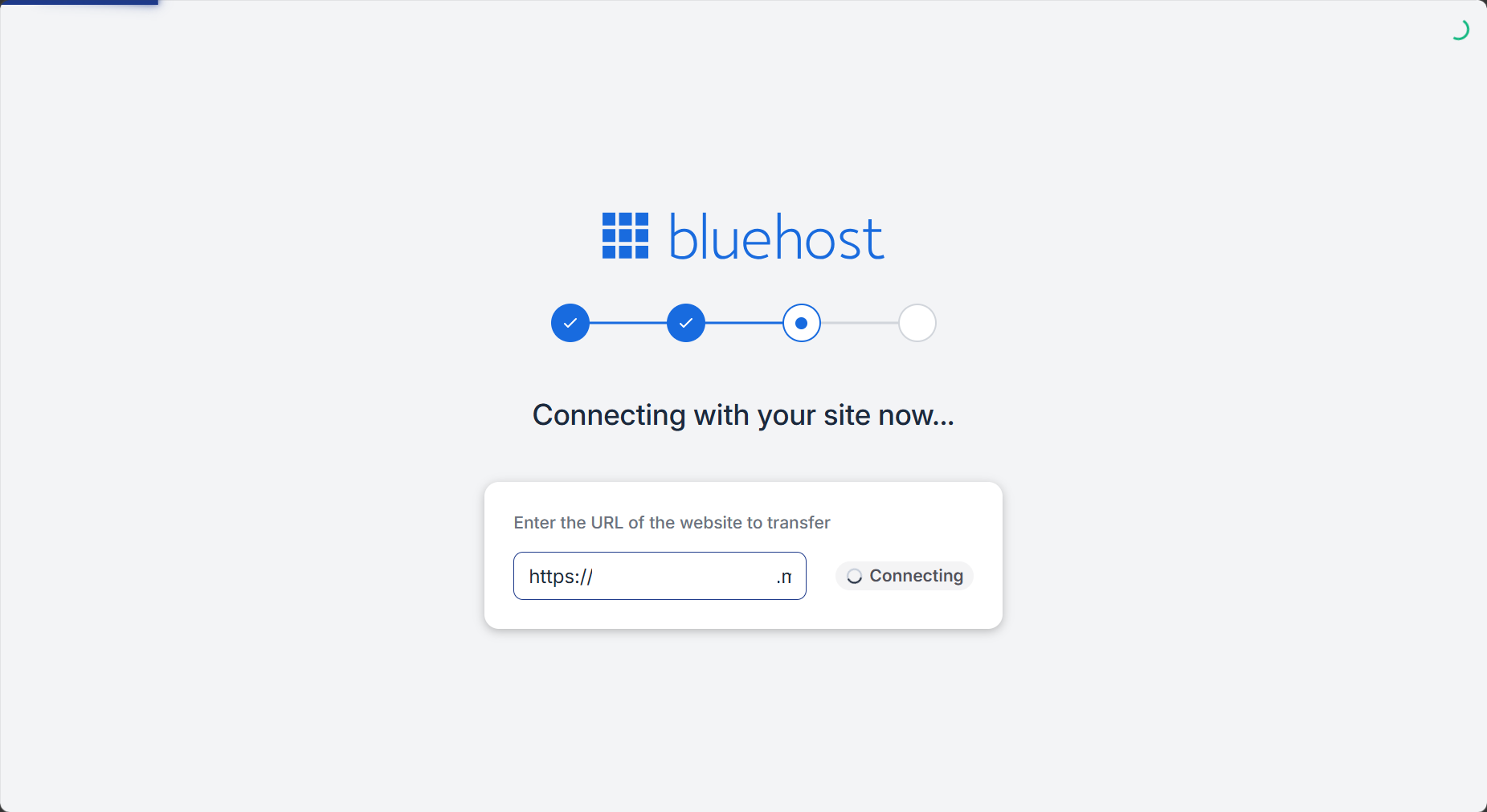 Bluehost Agency Hosting - Websites tab Add Site Transfer WordPress Website - Establish the Connection