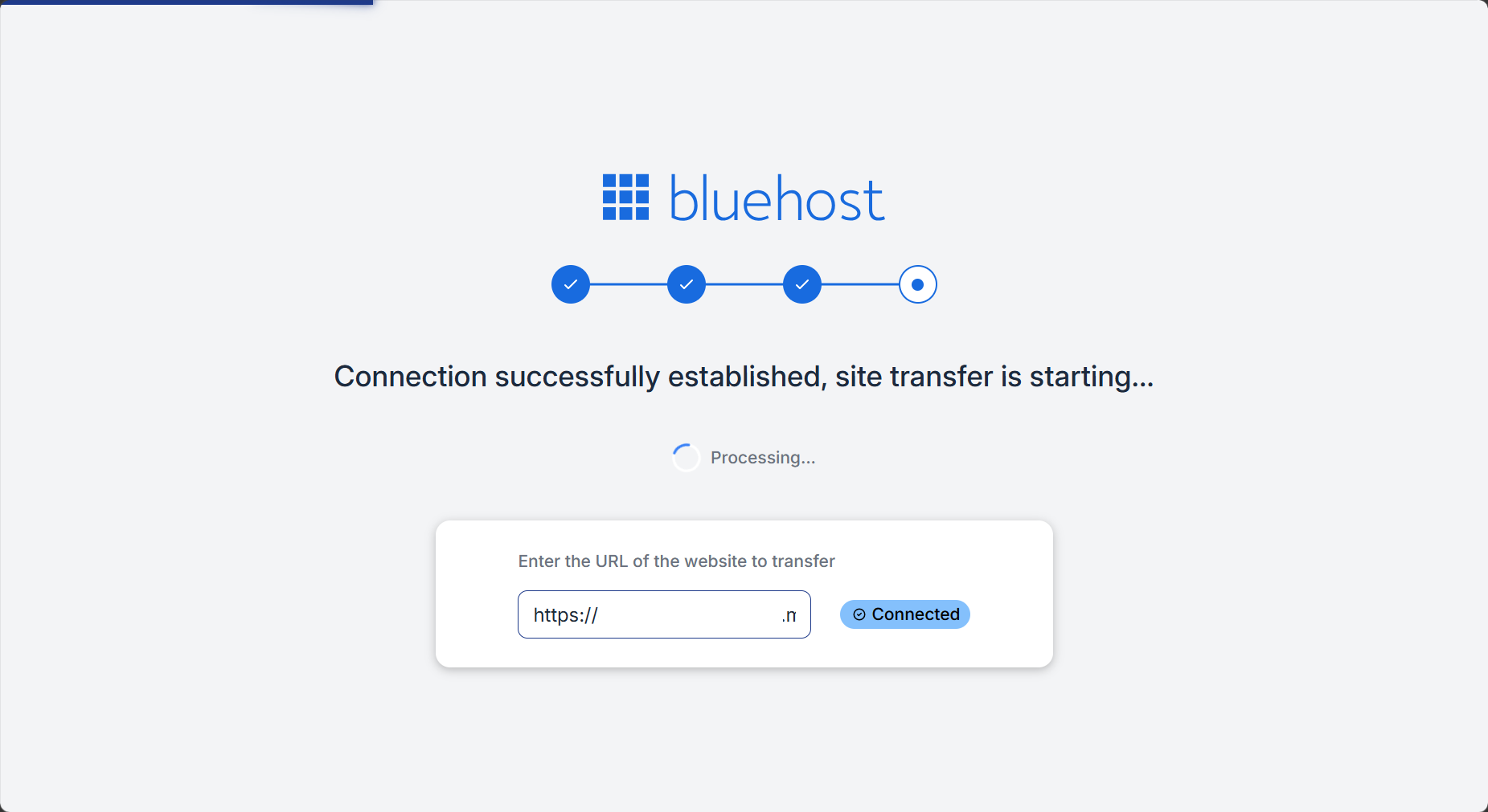 Bluehost Agency Hosting - Websites tab Add Site Transfer WordPress Website - Begin the Migration