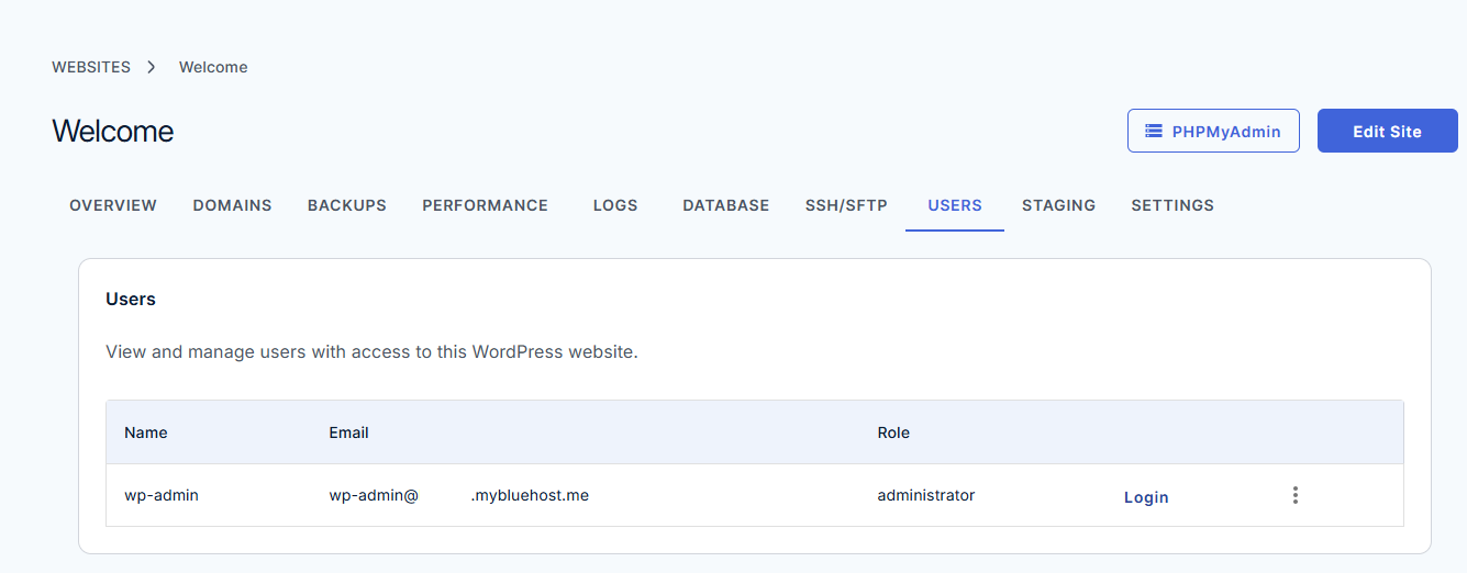 Bluehost Agency Hosting - Websites tab Users