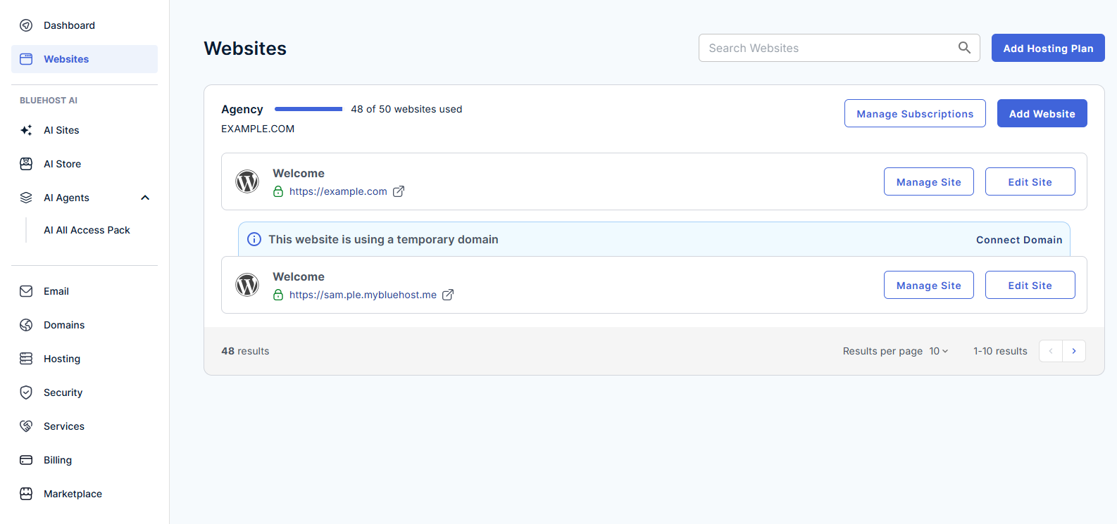 Bluehost Agency Hosting - Websites tab