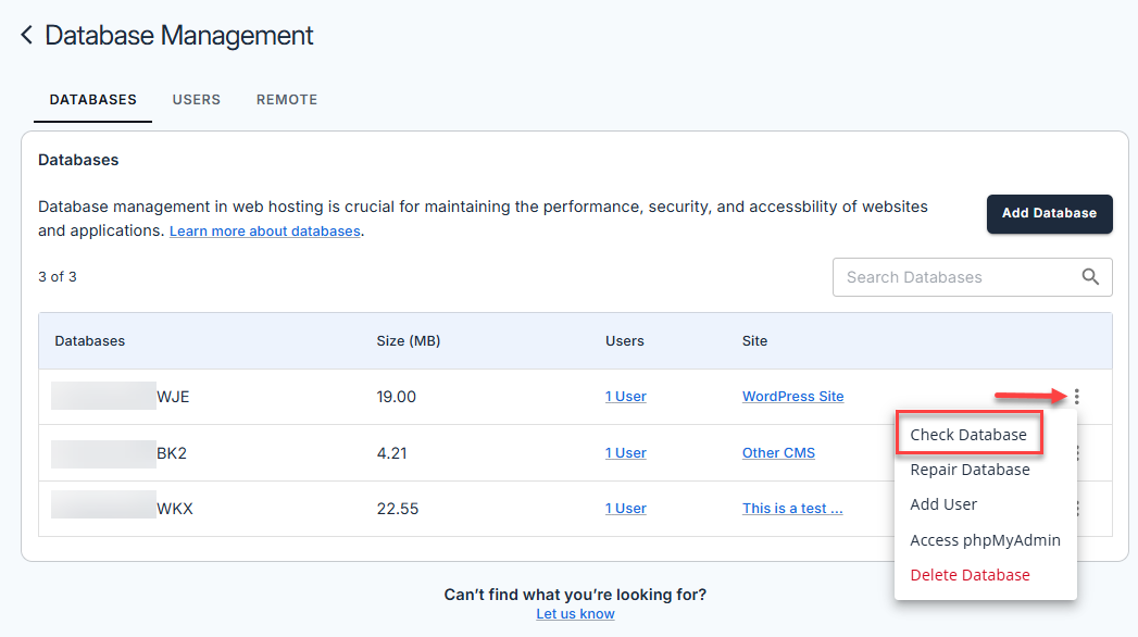 Manage MySQL Database - Check Database