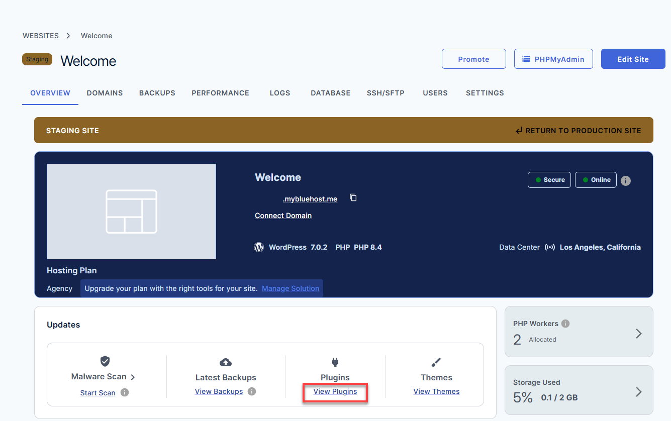 Bluehost Account Manager - Website Manage button