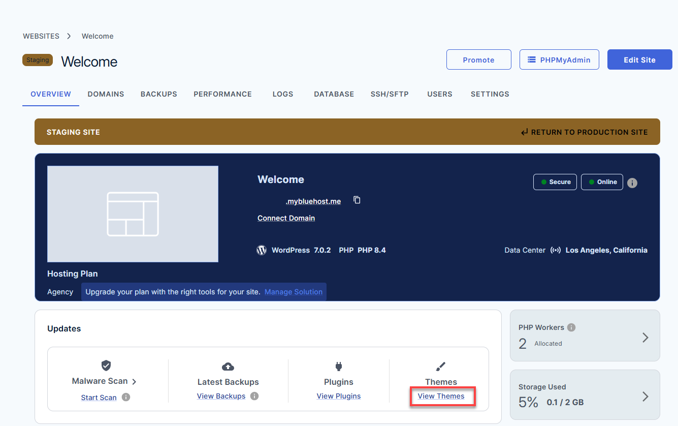 Bluehost Account Manager - Website Manage button