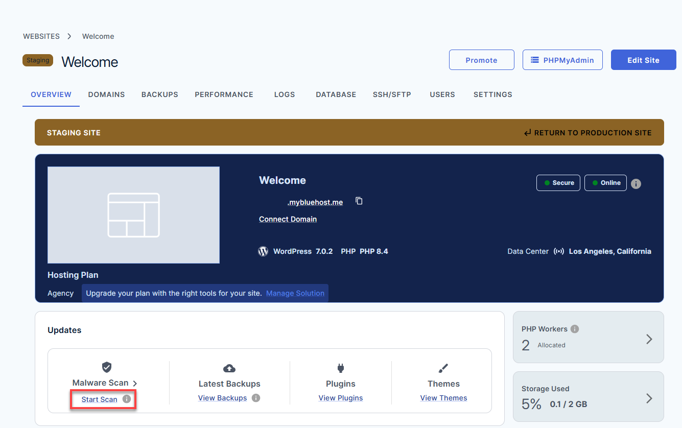 Bluehost Account Manager - Website Manage button