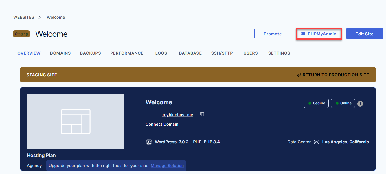 Bluehost Account Manager - Website Manage button