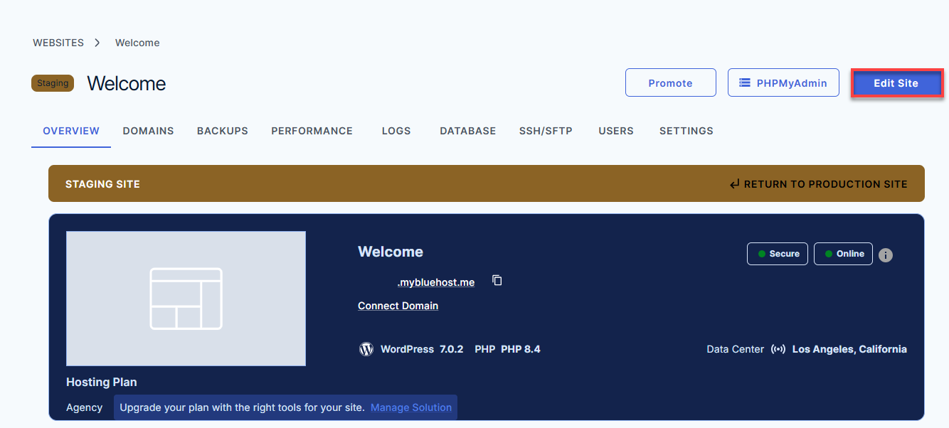 Bluehost Account Manager - Website Manage button