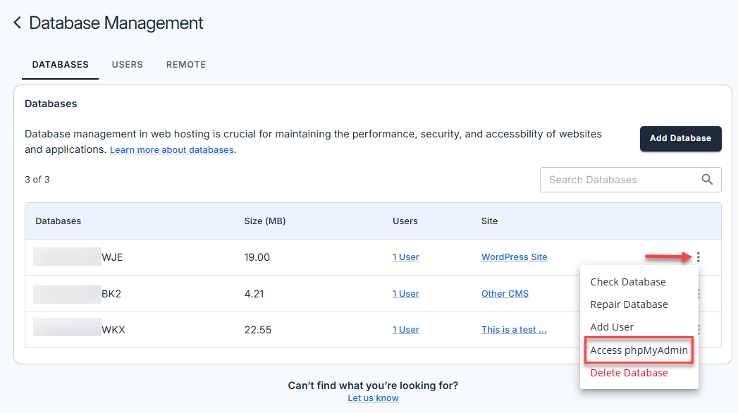 Manage MySQL Database - Access phpMyAdmin