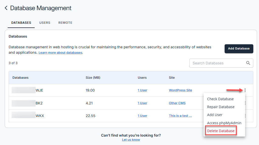 Manage MySQL Database - Delete Database