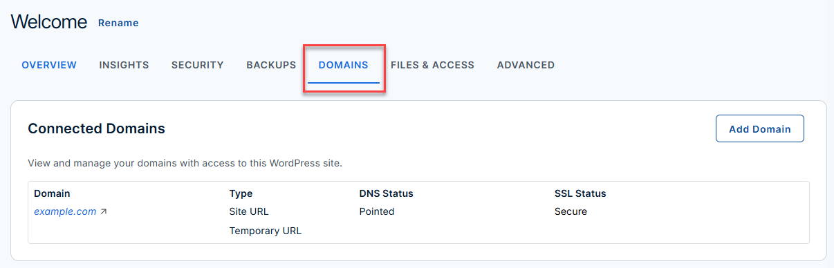 Bluehost Account Manager - Domains tab