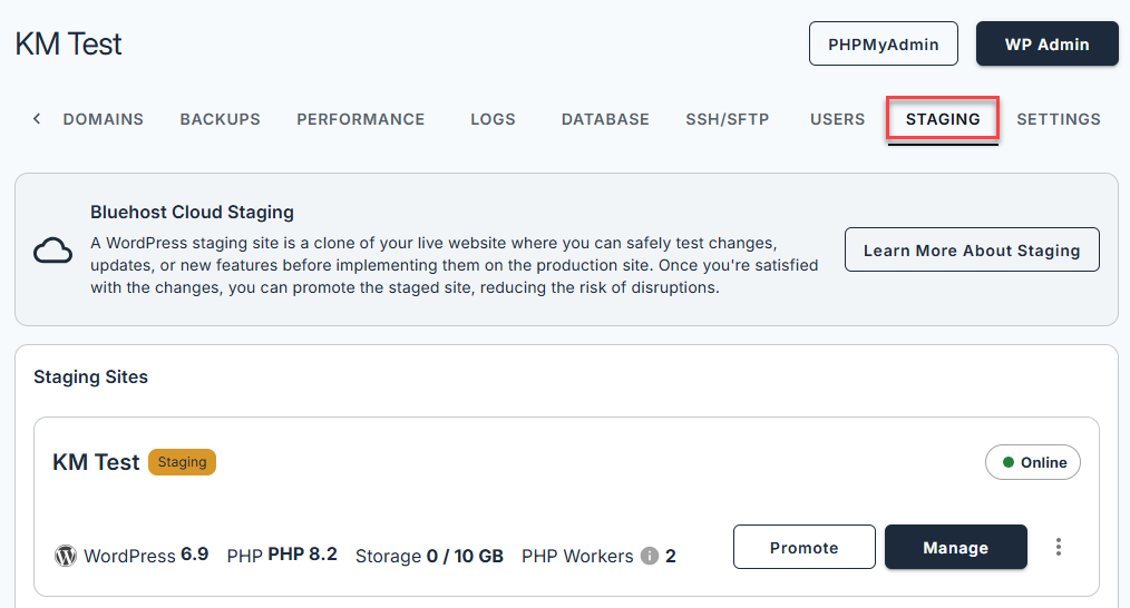 Bluehost Staging - Staging Tab
