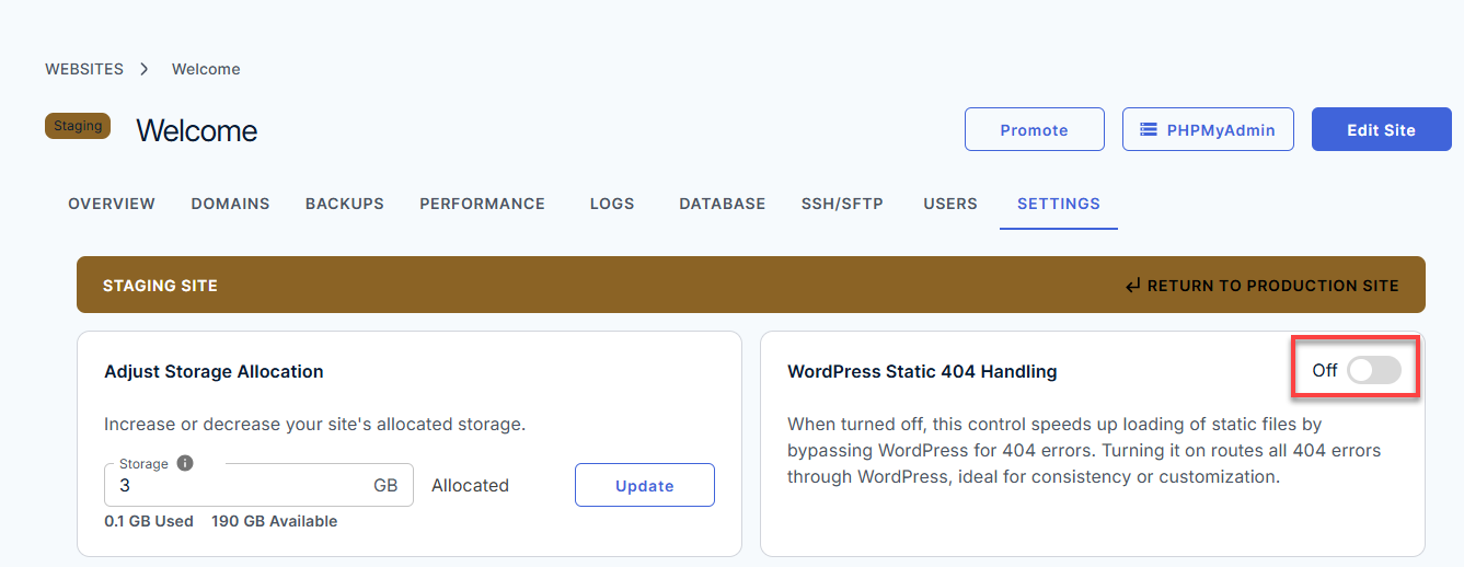 WordPress Static 404 Handler Toggled OFF
