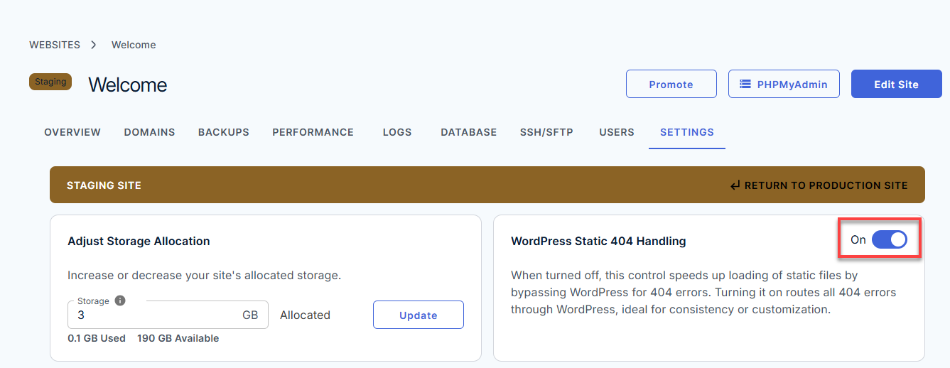 WordPress Static 404 Handler Toggled ON