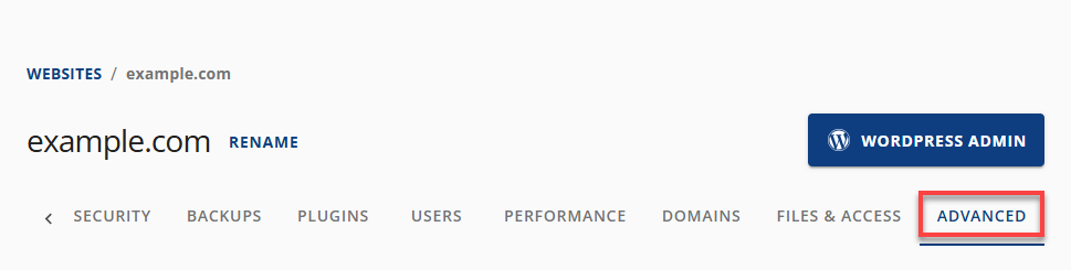 BH Account Manager Websites Tab - Advanced Menu