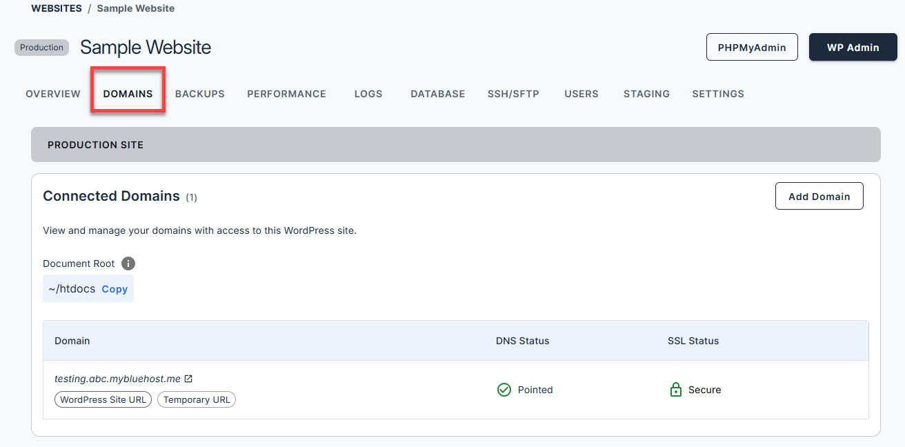 Bluehost Account Manager - Website Manage button