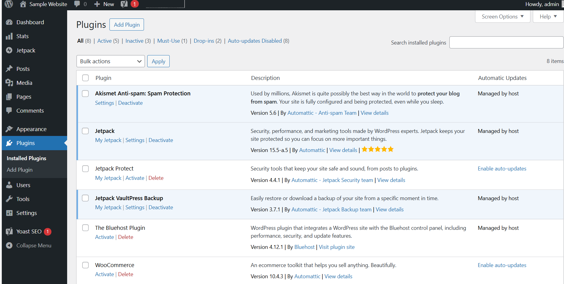 Bluehost Account Manager - Website Manage button