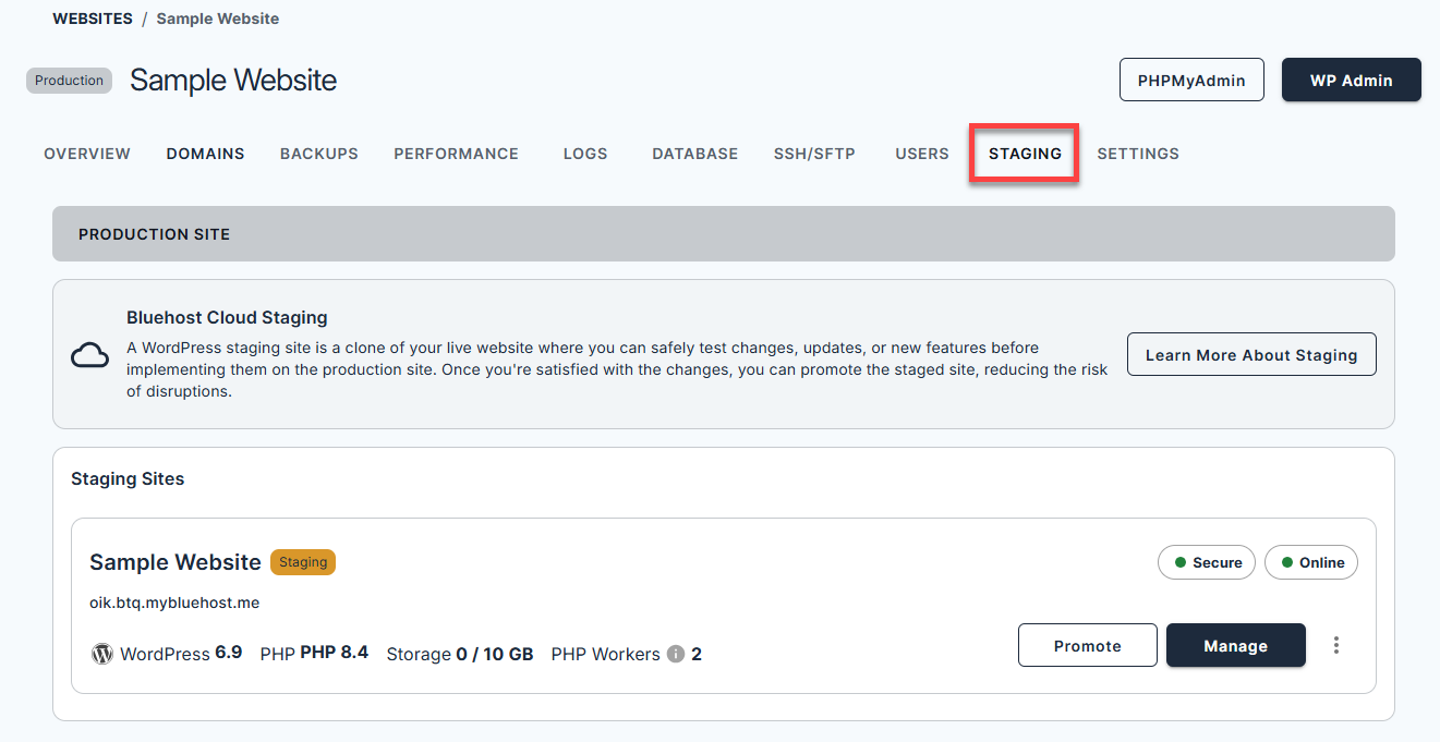 Bluehost Account Manager - Website Manage button