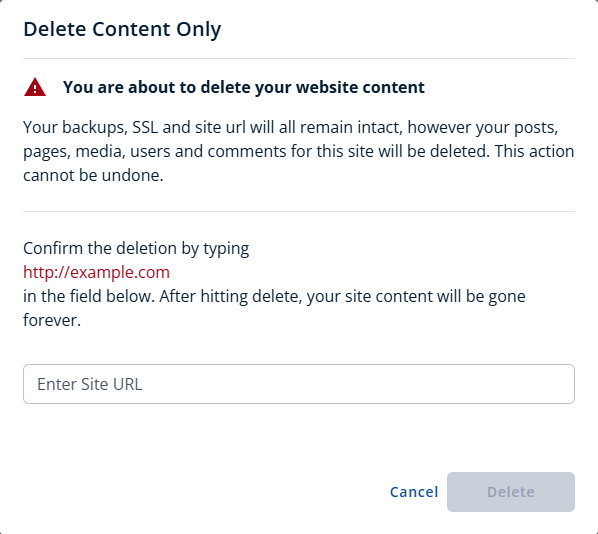 Bluehost Portal - Advanced Tab Site Management - Delete content only